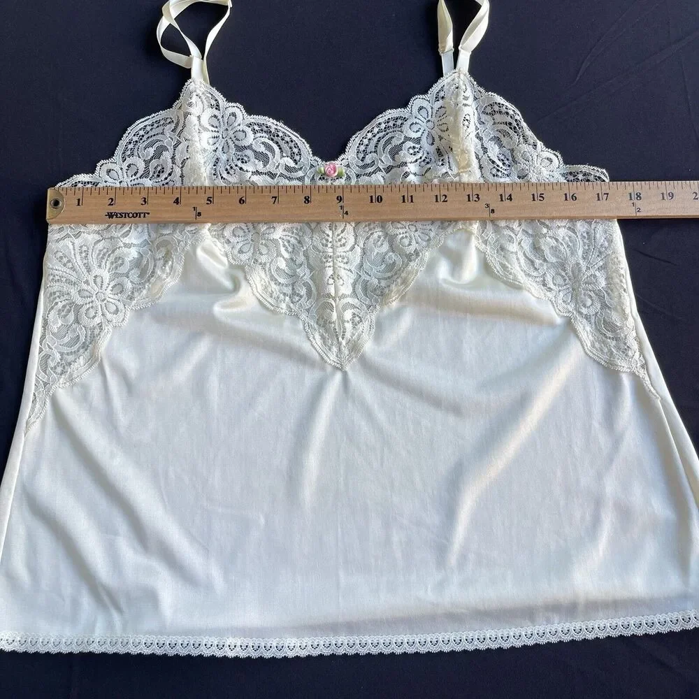 Vintage Applause Womens Y2K Camisole Small Cream‎ Lace Trim Adjustable Rose 90s